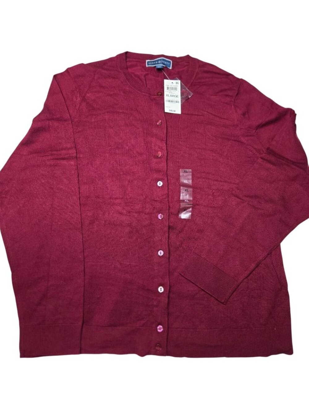 Karen Scott berry, maroon colored, long-sleeve cardigan NWT, crew neckline